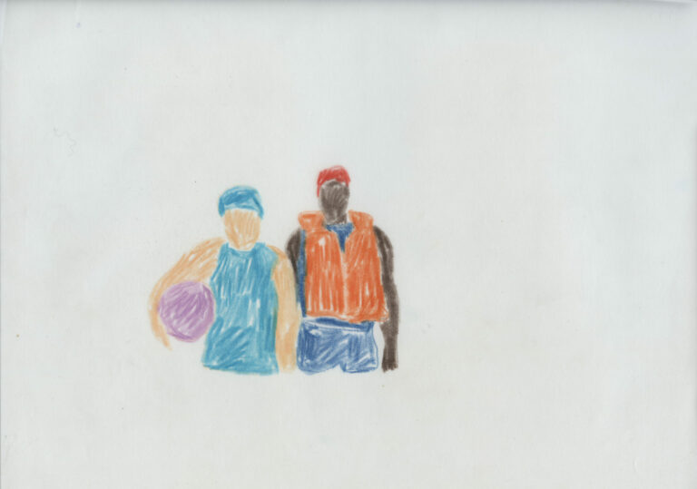 dessin aux crayons de couleur de deux personnes habillé en tenu de piscine, l'une porte un ballon et la seconde un gilet de sauvetage orange