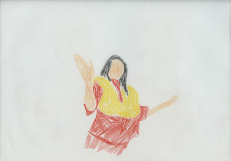 dessin aux crayons de couleur d'une femme en gilet de sauvetage