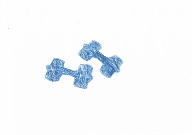 dessins de deux altères aux crayons de couleurs bleus