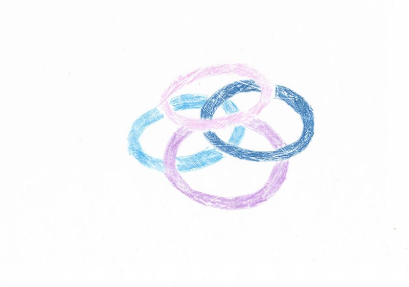 dessins de quatre cerceaux entrecroisées aux crayons de couleurs bleus et violets